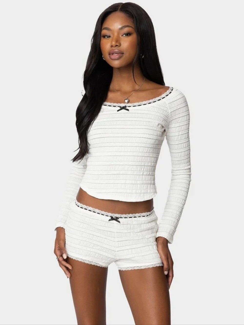 EDIKTED Off White Textured Scoop Neck Long Sleeve Top Black Bow Trim XL